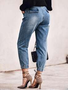 Women's Distressed Jeans - Ripped Denim Pants With Elastic Cuffs And Front Pockets, Casual Street Style Stretch Tapered Ankle Jeans For Women - Medium Wash - View 3