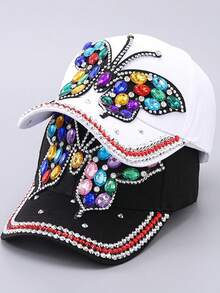 Nueva gorra de béisbol de mezclilla con mariposa de rhinestone, sombrero casual versátil para exteriores, protección UV