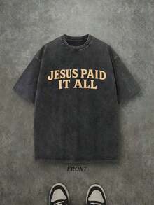 Retro Washed T-Shirt Double Sided Printed (230 Pure Cotton T-Shirt) 'JESUS PAID IT ALL' Letter And Cross Pattern Print, Christian Gift, Men's T-Shirt, Men's Casual, Comfortable, Fashionable T-Shirt, Street Style Cotton Unisex ST Patrick' S Day Plus Size Top - 黑色 - 查看 3