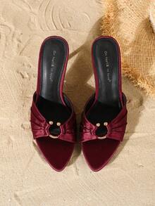 On feet& in love Fall/Winter Women's Elegant Satin Pleated Metal Round Buckle Open Toe High Heel Slide Sandals, Suitable For Dresses In Summer, Elegant, Mule - Deep Burgundy - View 7