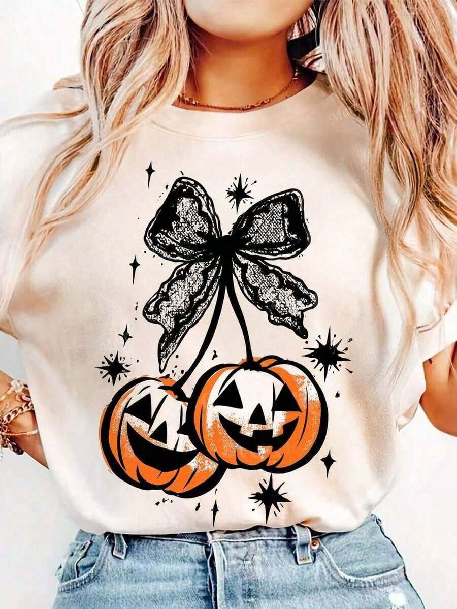Halloween Nightmare Before Christmas Casual Pumpkin & Bow Lace Print Round Neck Short Sleeve T-Shirt For WomenCómodo Y Transpirable - Mơ nhạt - Xem 1