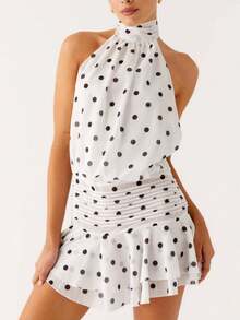 Women's 2026 Halter Dress Polka Dot Print Sleeveless Open Back Ruffle Tiered Layered Chiffon Pleated A Line Swing Mini Dress - trắng - Xem 2