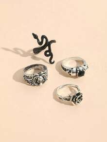 Set de 4 anillos con diseños de calavera, serpiente y rosa en estilo punk - Plata antigua - Ver 4
