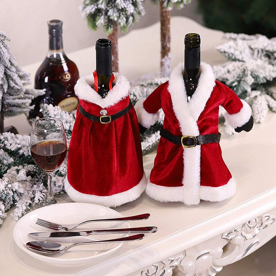 1pc Red Velvet Fabric Skirt/Dress-Style Wine Bottle Cover, Creative Christmas Red Wine Bottle Sleeve Suitable For Christmas Party Table Decor