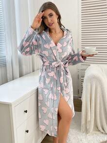 1pc Women's Heart & Polka Dot Print Robe, Elegant & Fashionable, Thick & Warm For Autumn/Winter, Comfortable For Outdoor, Vacation, And Loungewear, Fluffy, Cozy - Grey - View 5