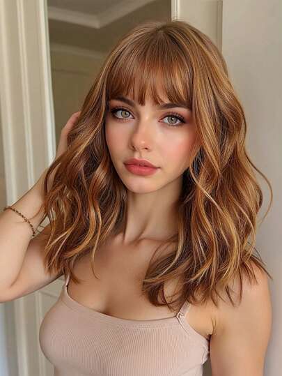 Halloween Wig 14-Inch Brown Wig Wavy Wigs For Women Brown Wig Curly Wigs With Air Bangs Water Wave Wig Synthetic Heat Resistant Fiber Wig For Daily Party Festival Music Festival Use Cosplay Wigs