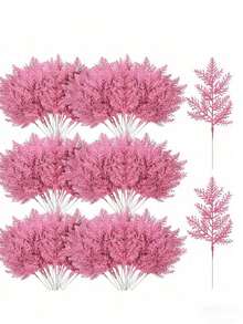 10 piezas de ramitas artificiales de cedro con purpurina rosa, ramas y tallos de cedro falso, adornos navideños con hojas de pino con purpurina, hojas y tallos de cedro artificiales para manualidades DIY, coronas y decoración del hogar, hojas falsas adecuadas para coronas y decoración del hogar