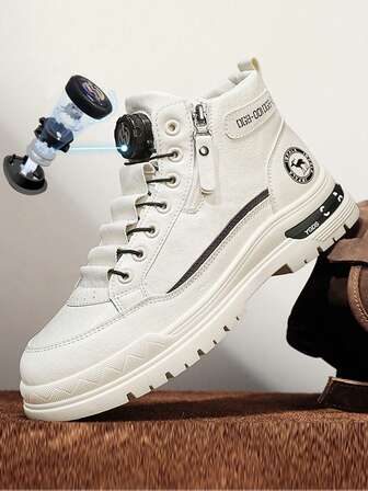 Men's High-Top Leather Boots, Autumn/Winter New Thick Sole Anti-Slip Mid-Top Round Toe Lace-Up And Rotary Button Design Side Zipper Men's Boots, Plus Size 46, Bicolor Letter Stitching Men's Boots Mid-Top Fashion Outdoor Date Party Street Casual Men's Boots, Outdoor Hiking Mountain Climbing Men's Boots, Low-Top PU Leather Waterproof Anti-Oil Men's Shoes Outdoor Fashionable Casual Sports Men's Work Safety Shoes