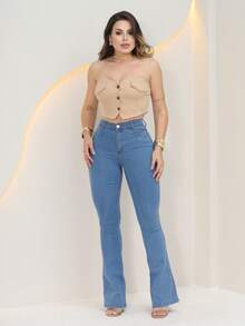Women's Flare Jeans, High Waist, Bell Bottom - 水瓶藍 - 查看 4