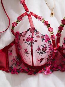 Women's Sexy Lingerie Set, Burgundy Embroidered Floral Bra And Panty 2-Piece Set, Comfortable Solid Thong, Sensual For Valentine's Day Couples