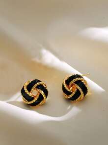 2pcs Maillard Earrings, Beige & Gold Color Earrings For Women, Unique Design, Retro French Style, Warm Color Elegant Earrings - Black - View 3