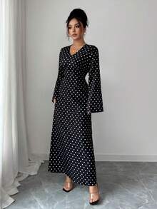 Women's Casual, Elegant, Bohemian-Style Polka Dot Long Dresses With A Conservative Design And Zipper, Suitable For Daily Wear, Commuting, Early Autumn, Autumn And Winter, As Well As Christmas Vacation - Black - View 4