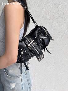 Y2K 复古朋克风格铆钉装饰手提包，女士单肩斜挎包，时尚机车包，适合街头风格搭配、主题派对、夜总会、文化社交活动 - 黑色 - 查看 1