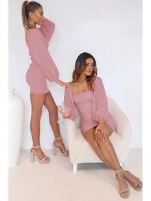 2025 Mesh Long Sleeve Square Neck Ruched Mini Bodycon Cocktail Dress - Hồng - Xem 5