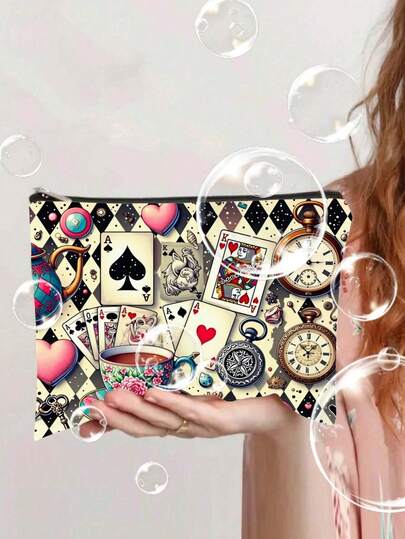 1 pieza Bolsa de maquillaje con estampado de rompecabezas con temática de Alicia en el País de las Maravillas, cierre con cremallera, sin fragancia, bolsa de cosméticos multifuncional para viajes, adecuada como regalo de Navidad, cumpleaños o graduación para hermanas y amigas, bolsa de aseo de gran capacidad para hombres y mujeres