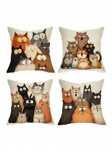 4pcs Cute Cartoon Cat Pattern Pillow Covers, Simple Cartoon Style Square Faux Linen Hidden Zipper Single-Sided Print Cushion Cover, Not Including Pillow Inner, Suitable For Farmhouse, Living Room, Bedroom, Sofa Decoration - Gray Brown - View 11