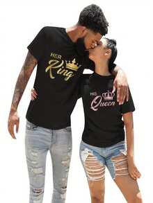 [Couple Matching King Queen Tee] Couple Shirt For Him And Her Couple Crewneck Outfit King And Queen Tshirt Husband And Wife Shirt 1 Piece Couples Matching Shirts For Him And Her Men Women King Queen Print Valentine's Day Short Sleeve Couple T-Shirt - 男人 - 查看 1
