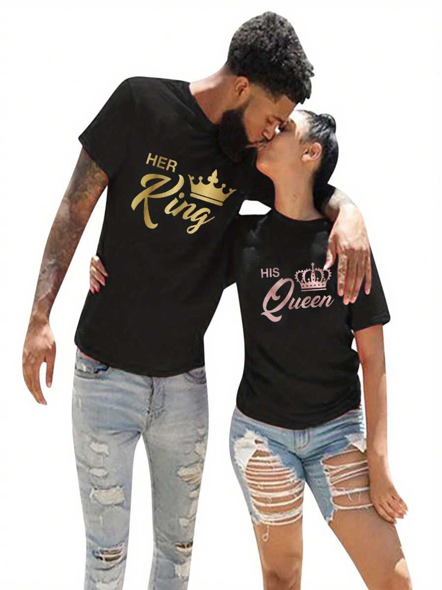 [Couple Matching King Queen Tee] Couple Shirt For Him And Her Couple Crewneck Outfit King And Queen Tshirt Husband And Wife Shirt 1 Piece Couples Matching Shirts For Him And Her Men Women King Queen Print Valentine's Day Short Sleeve Couple T-Shirt - 男人 - 查看 1
