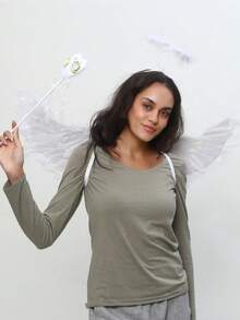 3 件套天使翅膀套装，适用于万圣节、光环头带和带羽毛翅膀的魔杖、女孩仙女服装装扮、圣诞派对照片道具 - 白色 - 查看 2