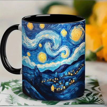 Van Gogh Starry Night Design 11oz Porcelain Mug - Vibrant Artwork Coffee & Tea Cup, Durable Gift For Easter, Valentine's Day, Birthdays, Office Decor, Artistic Drinkware, Contrasting Handle Color