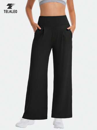 TELALEO Dammönstrade träningsbyxor med hög midja, svarta, vardagsbyxor, lösa, vida ben, mysiga yogabyxor med fickor, lösa, stretchiga träningsbyxor, moderiktiga, vardagliga, lösa, atletiska arbetsbyxor för sport, gym, löpning, cykling, yoga, pickleball
