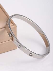 3pcs 18K Gold Plated Stainless Steel Four-Leaf & Three-Leaf Clover Bangle Bracelets, Suitable For Women's Party, Daily Wear, European & American Style, Personalized, Generous, Luxury Cubic Zirconia Wristband, Wedding Jewelry Set, Gift For Girls, Women, Relatives, Friends, Beautiful Wedding, Birthday, Valentine's Day, Mother's Day - Silver 2 - View 16