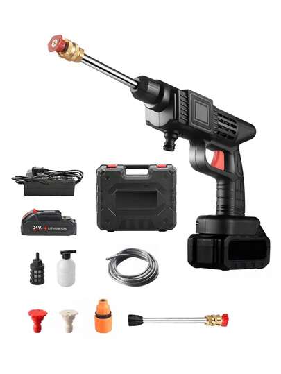 CASALIVA Pistola de lavadora a presión, lavadora a presión portátil con manguera de 5m, pistola de lavado de autos eléctrica de 24V, lavadora a presión para lavar autos, pisos y riego de jardín, accesorios para automóviles