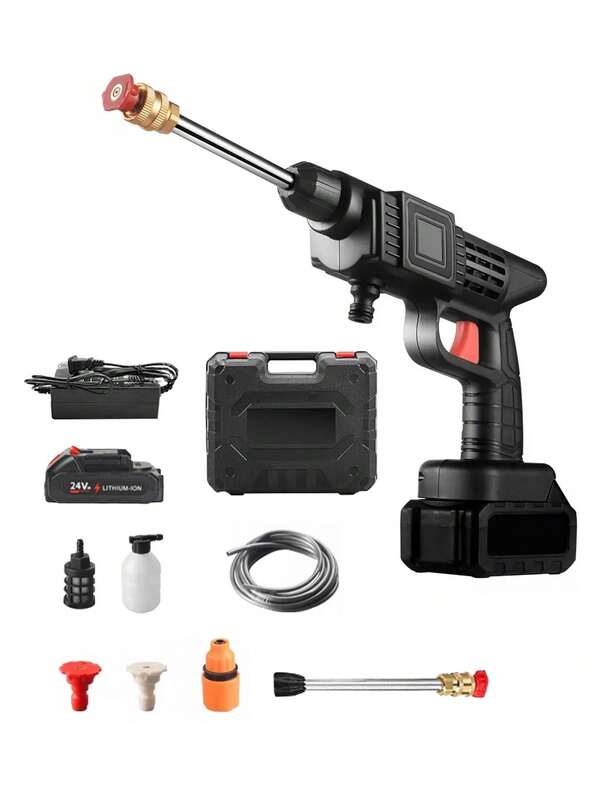 CASALIVA Pistola de lavadora a presión, lavadora a presión portátil con manguera de 5m, pistola de lavado de autos eléctrica de 24V, lavadora a presión para lavar autos, pisos y riego de jardín, accesorios para automóviles