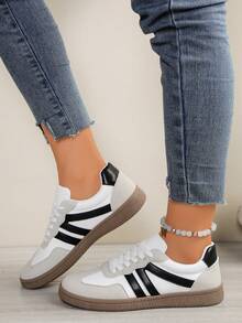 厚底运动鞋，Y2K风格，户外运动鞋，撞色运动鞋，经典复古运动黑白条纹拼接圆头系带女鞋，耐穿灵活休闲鞋，系带设计 - 黑色 - 查看 2