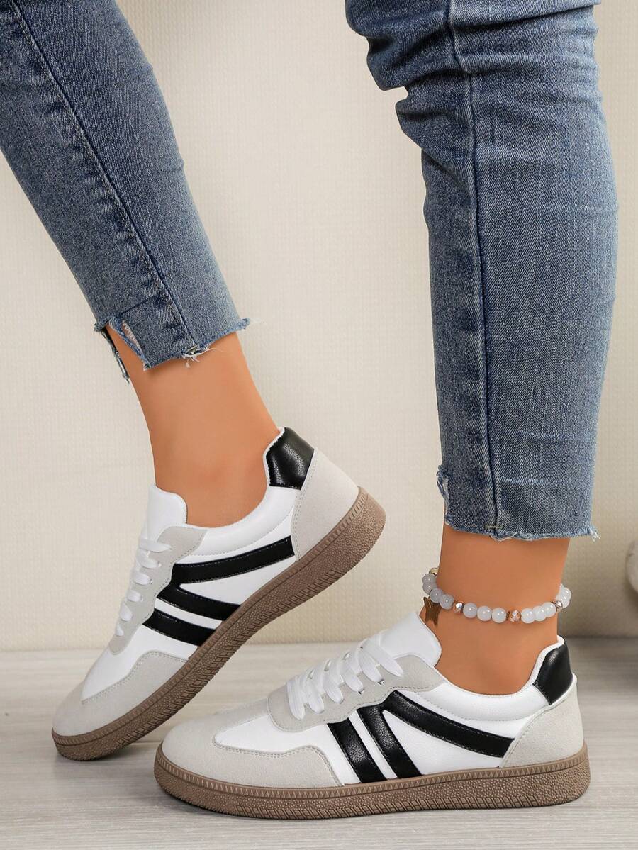 厚底運動鞋，黑白條紋拼色復古女鞋，圓頭綁帶耐穿柔軟休閒戶外運動鞋 - 黑色 - 查看 1