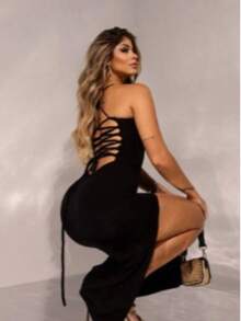 Simple Suplex Dress Backless / Backless Side Opening Braided Parties - 黑色 - 查看 3