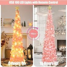 Árbol de Navidad artificial desplegable de 1.8 metros con 100 luces LED con cronómetro, árbol de Navidad de oropel verde, decoración de festividades para el hogar, oficina, fiesta - Rosa - Ver 5