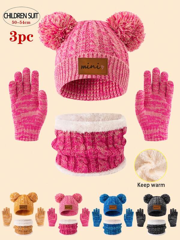 3pcs Kids Knitted Hat/Scarf/Gloves Set, 4 Colors Available, Thick & Warm Winter Outfit, Minimalist & Cute Fashion, Suitable For 3-12 Years Old Children Outdoor Hiking/Skiing And Daily Winter Wear