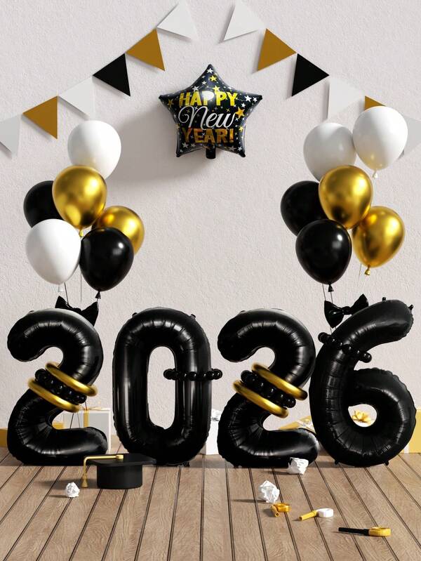 kumozawa 26pcs/Set 2026 New Year Balloon Decoration Set, New Year Party Decorative Balloons, Pentagram Foil Balloons & Latex Balloons For New Year's Eve Party, New Year 2026 Party Decorations, Suitable For 2026 New Year Party And Family Gathering