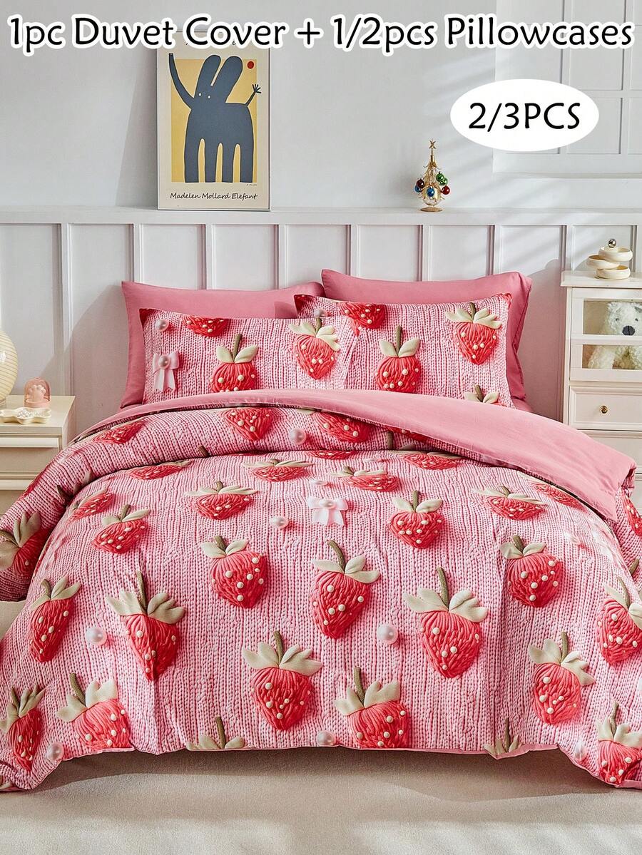 Juego de ropa de cama de 2/3 piezas con estampado digital 5D de fresa, juego de ropa de cama de dibujos animados lindo para todas las estaciones, funda de edredón para niños, niñas y adolescentes, suave, transpirable y lavable a máquina (1 funda de edredón + 1/2 fundas de almohada, sin relleno)