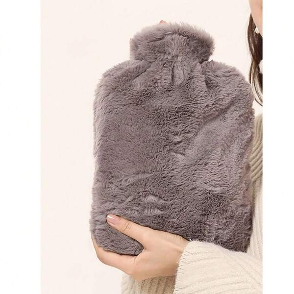 1 Botella de agua caliente de peluche rosa y gris, material de revestimiento de PVC de gran capacidad, botella de agua caliente grande para mujeres, bolsa de calor portátil pequeña y rellenable de agua para calentar las manos