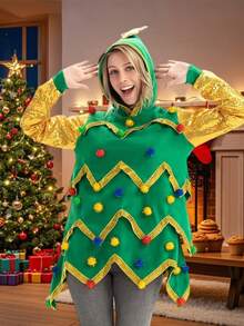 Sudadera con capucha navideña para mujer, sudadera de manga larga con lentejuelas y retazos, disfraz de cosplay - Dorado - Ver 1