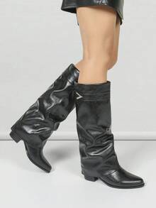 Women's Autumn/Winter Embellished Ankle Boots, Women's Vintage Casual Pleated Low Heel Tall Boots, Commute & Street Style Over-The-Knee Boots, Versatile To Pair With Skirts, Leather Pants, Coats, Knits