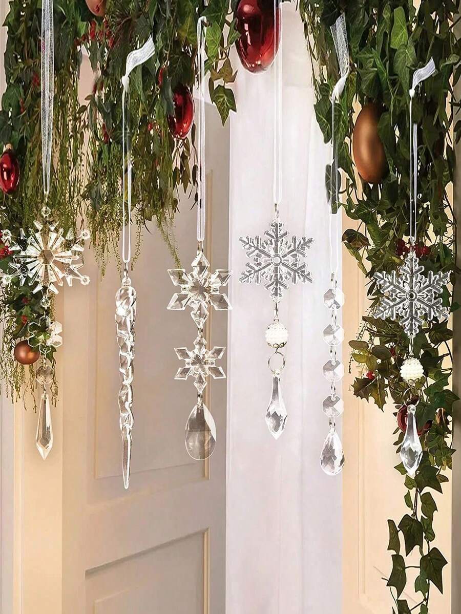 Lot de 10 ornements de Noël en cristal pour la décoration du sapin de Noël - Flocons de neige et glaçons en acrylique bleu clair avec pendentifs pour les décorations de fête du Nouvel An