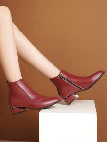 Teens' Fashion Pointed Toe Chunky Heel Burgundy Short Boots, PU Leather 2025 New School Uniform Boots, Side Zipper Design Classic Burgundy Girl's Ankle Boots, Suitable For Commuting And Any Formal Occasion
