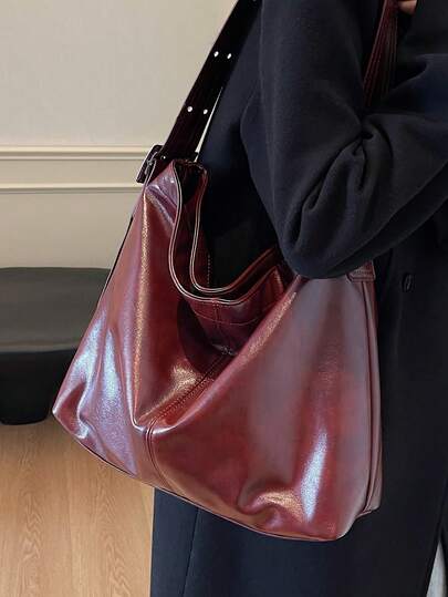 1pc Burgundy Vintage Oiled Wax PU Leather Rivet Eyelet Stitching Women's Shoulder Bag, Casual Versatile Tote Bag Suitable For Daily Use, Commuting, College Style, Large Capacity Bucket Bag, Autumn/Winter New Arrival, Fashionable Burgundy Bag , Red Bag , Burgundy Bag