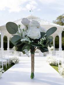 Western Style Outdoor Bride Bouquet, Artificial Rose Bouquet With Pearl & Mesh, Wedding Holding Flower Bunch - White Rose - View 15