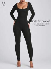 Bộ liền thân dài tay cổ vuông màu đen UMII dành cho nữ, ôm sát, co giãn, có khóa kéo phía sau, thích hợp cho các buổi tiệc và hẹn hò. - màu đen - Xem 2