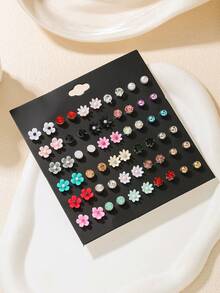 30 Pairs Flower & Rhinestone CCB Mixed Stud Earrings Set, Suitable For Gifts And Daily Wear, Teens - one-size - View 2