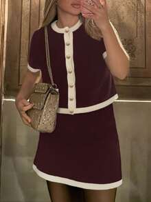 优雅撞色针织开衫套装，时尚秋冬两季必备，百搭两件套，休闲时尚风格，女装系列，适合圣诞节、感恩节和新年等场合。 - 棗紅 - 查看 7