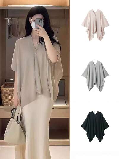 1pc Women V-Neck Knitted Oversized Cardigan, Casual Style, Versatile & Fashionable, Suitable For Spring/Summer Evening Events, Weddings, Stage, Travel And Beach Cover-Up For Dress