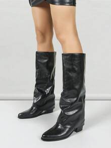 Women's Autumn/Winter New Ankle Boots, Women's Retro Casual Pleated Low Heel Long Boots, Commuting Street Style Versatile Boots, Knee-High Boots, Fall, Fashionable Item To Pair With Skirts, Leather Pants, Coats