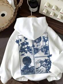 Sudadera hoodie mujer dama bolsillo canguro gorro capucha estampado grafico estilo japones flore mar azul diseño girly efecto vintage  estilo americano juevnil moderno  casual caliente frío uso diario | buena calidad | Textura Suave - Blanco - Ver 1
