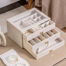 CASEGRACE 1 件透明盖珠宝收纳盒，3 层珠宝收纳盒，大型多功能珠宝盒，带 3 个抽屉，珠宝展示盒，戒指耳环项链手链，返校 - 米色 - 查看 9