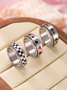 3 Peças Anéis Giratórios de Alívio de Estresse Personalizados de Aço Inoxidável da Moda Hip Hop, Cruz, Baralho, Padrão Xadrez, Acessórios Unissex Adequados para Uso Diário, Festivais, Encontros, Presentes